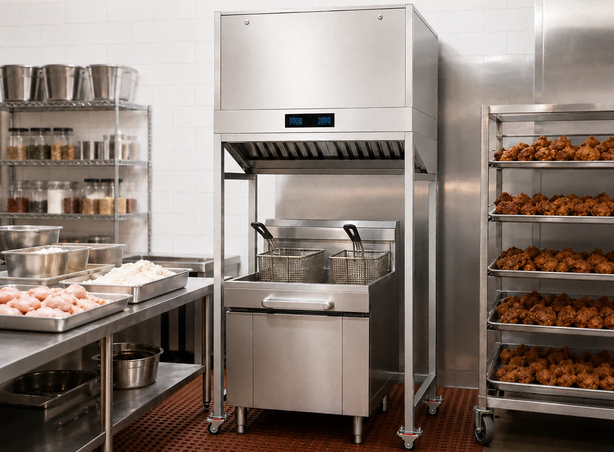 HYT mobile ventless hood above a fryer in a commercial kitchen